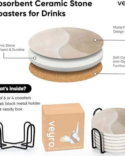 VEYRO Coasters Set of 6 for Drinks – Absorbent Ceramic Stone Drink Coasters with Cork Backing for Coffee Table & Desk, Modern Marble Look Cup Coaster Set, Housewarming Gift for New Home