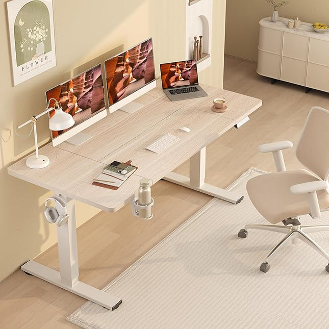 Standing Desk,Large 71x31 Inches Height Adjustable Stand Up Desks with Cable Management, Home Office Computer Desk with Cup Holder & Memory Preset, White Wood Grain