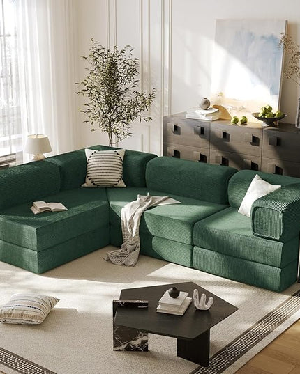 108" L Shaped Couch, Modular Sectional Sofa with Chaise, Cloud Boneless Couch with Deep Seat & Removable Pillow for Living Room, Bedroom,No Assembly Required（Dark Green）