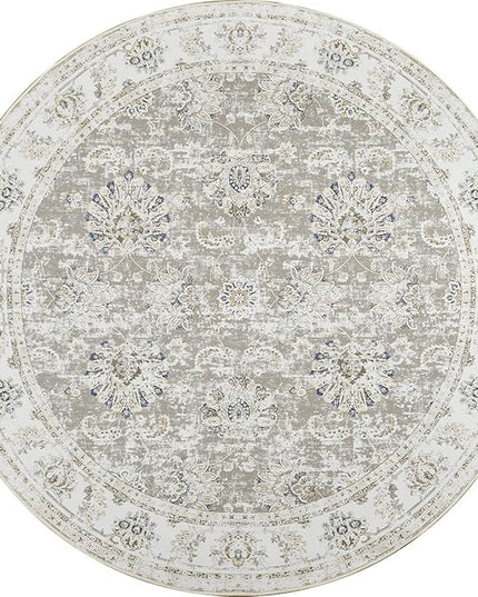 jinchan Round Rug 5ft Area Rugs Vintage Floral Distressed Design - Machine Washable Non-Slip Low-Pile Ultra-Thin Circle Rug for Entryway Bedside Living Room Dining Room Bedroom (5' Round,Taupe)