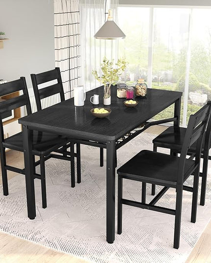 Hooseng Dining Table Set for 4, Wood Kitchen Table Chairs Set with Storage, Farmhouse 5 Piece Dining Room Table Set, Space-Saving Dinette Set for Breakfast Nook, Apartment (Black)