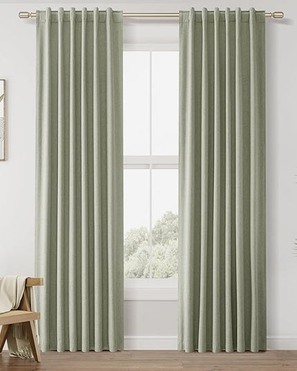 Sage Green Linen Blackout Curtains 84 Inch Length 2 Panels Set for Living Room Bedroom Back Tab Thermal Insulated 100% Black Out Linen Drapes Room Darkening Window Curtains 40 Wide