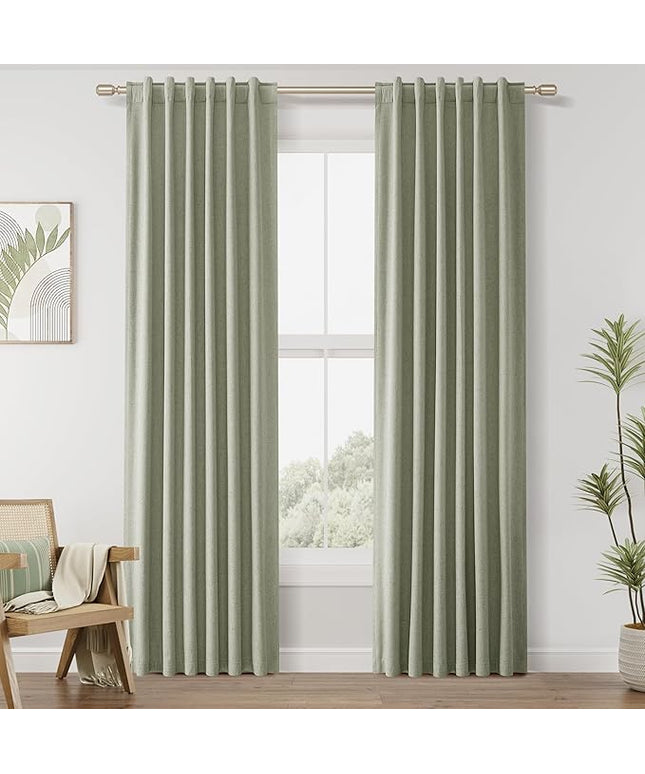 Sage Green Linen Blackout Curtains 84 Inch Length 2 Panels Set for Living Room Bedroom Back Tab Thermal Insulated 100% Black Out Linen Drapes Room Darkening Window Curtains 40 Wide