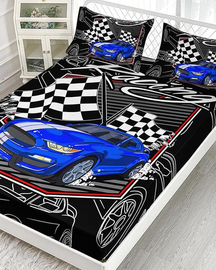 AILONEN Blue Racing Car Fitted Sheet Twin Size, Speed Sports Car Bed Sheet Set for Kids Boys Teens,Extreme Sport Bedding Sheets 3PCS,1 Fitted Sheet and 2 Pillowcase
