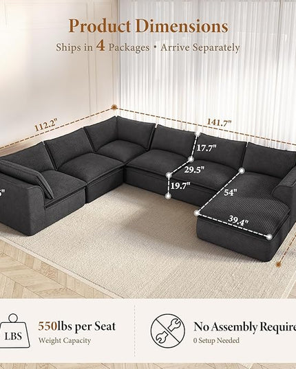 Vesgantti 141.7" Oversized Boneless Sectional Couch, Modern 7 Seater Modular Sofa with Chaise, Deep Seat Convertible Corduroy Cloud Couches for Living Room, No Assembly Required, Black
