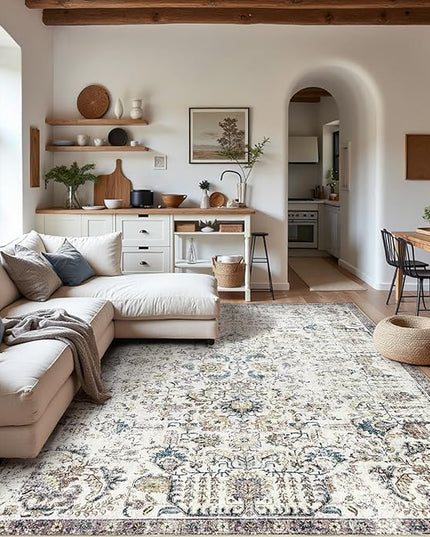 jinchan Kalen Area Rug 9x12 Washable Living Room Rug Vintage Indoor Large Floor Cover Retro Accent Mat Distressed Floral Country Boho Non Slip Thin Carpet for Bedroom Dining Room Office Blue Multi