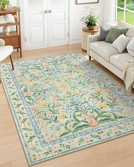 Wonnitar Washable Floral 6x9 Rug, Soft Green Area Rug Boho Non Slip Dining Room Carpet, Non-Shedding Flower Floor Carpets for Kids Bedroom Living Room Dorm Playroom