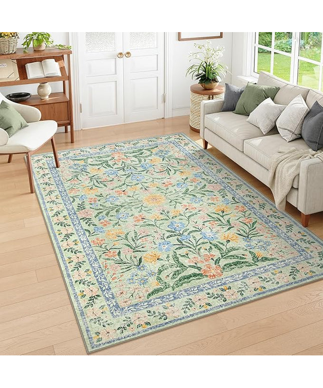 Wonnitar Washable Floral 6x9 Rug, Soft Green Area Rug Boho Non Slip Dining Room Carpet, Non-Shedding Flower Floor Carpets for Kids Bedroom Living Room Dorm Playroom
