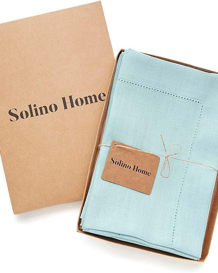 Solino Home Aqua Blue Linen Napkins Set of 4-100% Pure Linen Hemstitch Dinner Napkins 20 x 20 Inch - Classic Hemstitch