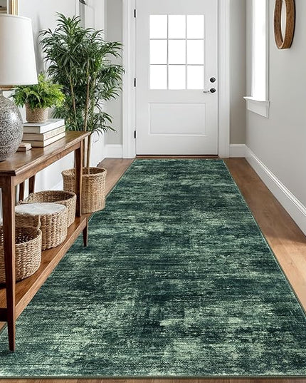 IOHOUZE Abstract Runner Rug 3x10 Ft Washable Runners for Hallways, Non Slip Kitchen Runner Printed Faux Wool Entryway Runner Indoor, Modern Abstract Floor Carpet for Hall Bedroom, Dark Green