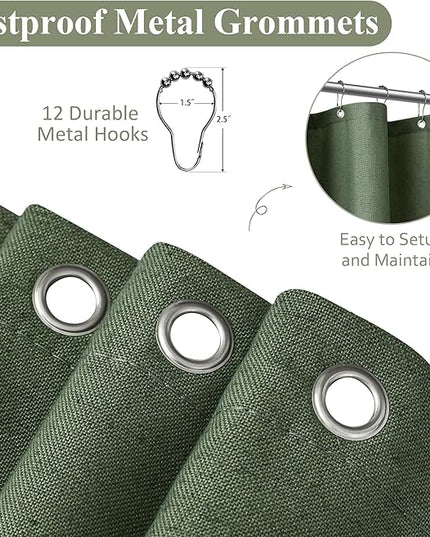 Naturoom 48 Inch Shower Curtain - Stall Narrow Half Green Linen Ultra Thick Fabric Shower Curtain Set with Hooks, Boho Farmhouse Rustic RV Camper Bath Curtains for Bathroom, Olive Green, 48x72