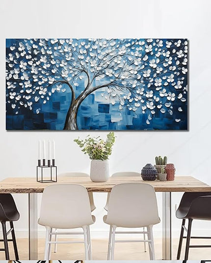 SSNEEKNDG Blue Tree of Life Wall Art for Bedroom White Flower Tree Large Artwork for Living Room Office Kitchen Modern Aesthetic Pictures Canvas Prints 20"x40"