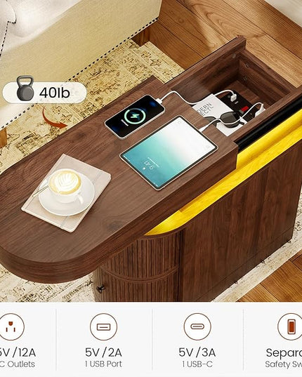 Nightstand with LED Lights, Narrow Nightstand with 3 Drawers, Curved Edge Sliding Top Storage Space for Bedroom, Living Room