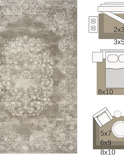 jinchan Vintage Floral 4x6 Area Rugs - Machine Washable Distressed Design Soft Ultra-Thin Low-Pile Non-Slip Carpet for Entryway Kitchen Bedroom Nursery Living Room Dining Room (4x6ft, Brown)