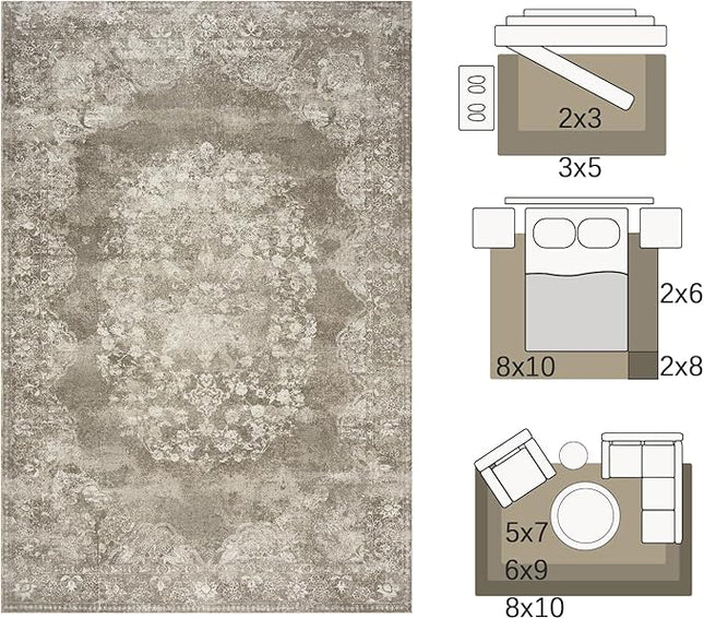 jinchan Vintage Floral 4x6 Area Rugs - Machine Washable Distressed Design Soft Ultra-Thin Low-Pile Non-Slip Carpet for Entryway Kitchen Bedroom Nursery Living Room Dining Room (4x6ft, Brown)