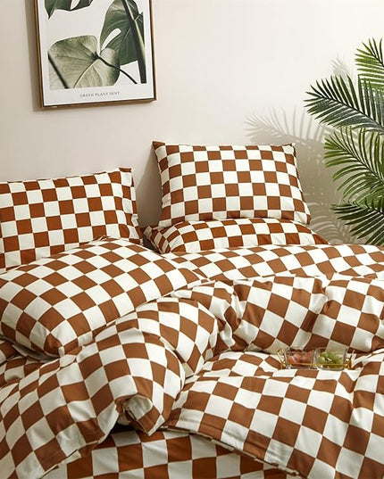 Houseri Brown Plaid Comforter Set Twin Size White and Camel Grid Bedding Comforters Twin Boys Girls Kids Modern Pumpkin Checkerboard Dorm Bed Comforter Preppy Buffalo Checkered Twin Comforter Sets