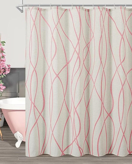 Pink Modern Farmhouse Linen Shower Curtain, Country Cottage Bathroom Decor Striped Minimal Boho Textured Linen Shower Curtain Set with Hooks, 72x72