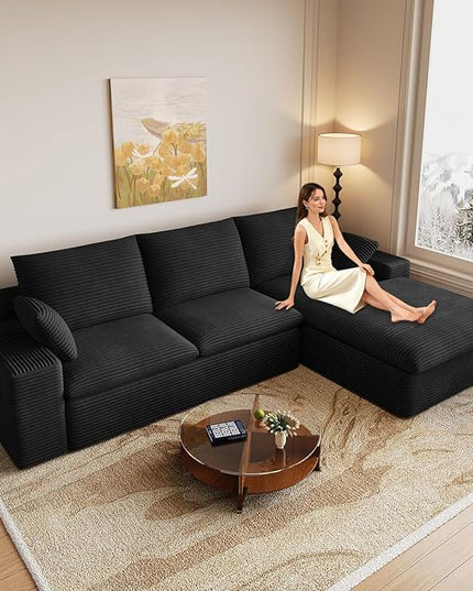 107" Cloud Couch Modular Sectional Sofa for Living Room, L-Shape Boneless Couch with Deep Seat, Modern Corduroy 3-Seater, No Assembly Required (Black,Right-Facing Chaise)
