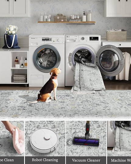 jinchan Kalen Area Rug 4x6 Washable Bedroom Rug Soft Vintage Indoor Thin Retro Distressed Floor Cover Grey Floral Country Boho Non Slip Carpet Living Room Kitchen Office Dining Room