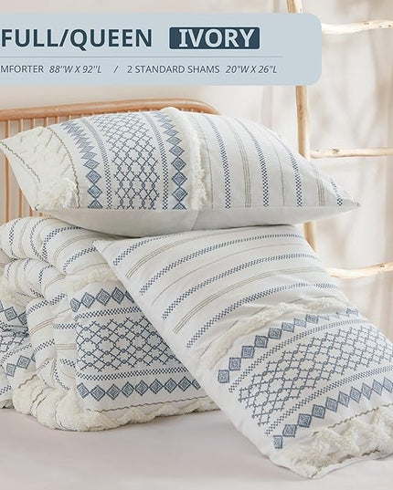 Ink+Ivy Comforter for Queen Size Bed, Chenille Tufted, Breathable Cotton Comforter Set Queen, All Season Modern Boho Comforter with Farmhouse Bedding Flare, 2 Matching Shams, Queen White/Navy 3 Piece