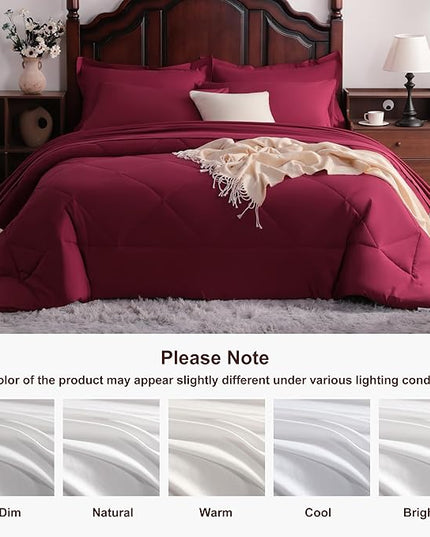 NTBAY Queen Comforter Set with Sheets, 7 Pieces Soft and Breathable Queen Bedding Set, Bed in a Bag, Down Alternative Comforter Set Solid Color All Season, Queen Bedding Set, Wine Red