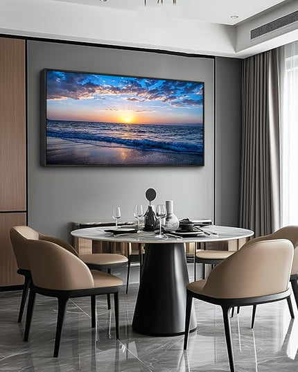 Blue Ocean Framed Wall Decor Living Room Large Size Canvas Wall Art For Bedroom Boho Home Decor Sea Beach Canvas Pictures Artwork Sunny Sea View Painting Office Wall Decorations Black Framed 30" X 60"