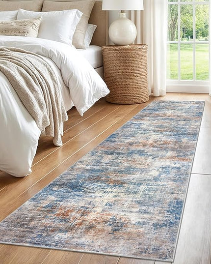 IOHOUZE Abstract Runner Rug 2x8 Ft Washable Runners for Hallways, Non Slip Kitchen Runner Printed Faux Wool Entryway Runner Indoor, Modern Abstract Floor Carpet for Hall Bedroom, Blue Rust