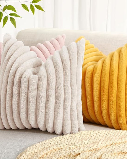 decorUhome Faux Fur Spring Throw Pillow Covers 20x20 Set of 2, Decorative Soft Plush Striped Neutral Couch Euro Pillow Covers with Velvet Back for Sofa, Bed, Living Room Home Decor, Beige