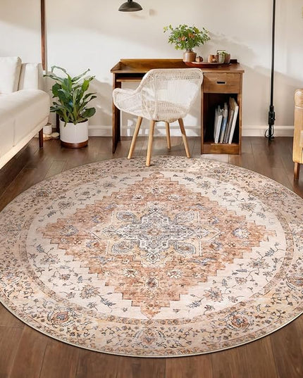 Ciicool Boho Area Rug Washable 6x6ft Round Bedroom Rug Non-Slip Oriental Throw Rug Low-Pile Floor Carpet for Dining Room Living Room(Vintage Cream/Brick)