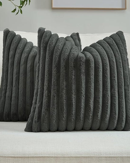 FUTEI Dark Grey Throw Pillow Covers Set of 2, 28x28 Inch Striped Texture Euro Pillow Shams with Soft Faux Rabbit Fur Front & Velvet Back, Modern Decorative Couch Pillows for Living Room