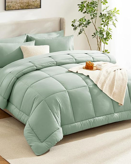 CozyLux Twin XL Comforter Set Sage Green, 5 Pieces Twin Extra Long Bed in a Bag for College Dorm, All Season Bedding Set with Stitch Quilted Comforter, Flat Sheet, Fitted Sheet, Pillowcases