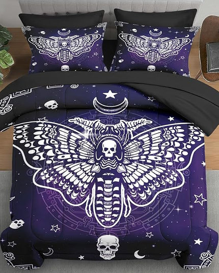 Comforter Set Full Size, Death Moth 7 Pcs Bedding for Kids and Adults, Halloween Bedding Sets with Fitted Sheet 2 Pillowcases & 2 Shams for Bedroom Bed Decor