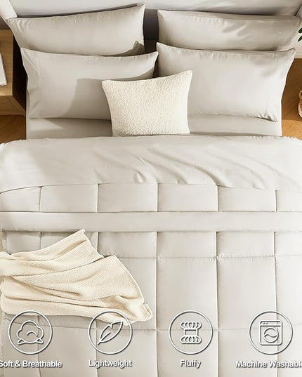 CozyLux King Size Comforter Set Oatmeal, 7 Pieces Bed in a Bag, Oatmeal Comforter King Size, All Season Bedding Sets with Stitch Quilted Comforter, Flat Sheet, Fitted Sheet, Pillowcases
