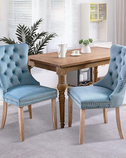 SoarFlash Velvet Dining Chairs Set of 2, Tall Back Side Chair, Modern Upholstered High-end Tufted Side Chair with Button Back Ring, Solid Wood Legs Sky-Blue