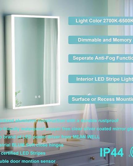 WELLFOR 20" X 30" Medicine Cabinet with Lights, 3X Magnification, Anti-Fog Mirrored Cabinet, Bathroom Vanity Medicine Cabinet with Outlets & USB Ports, Left Opening Door