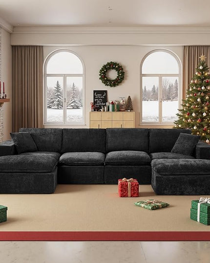 108" Sectional Couches for Living Room Boneless Couch Upholstered Cloud Couch Sectional Modular Sectional Sofa with L Shaped (Chenille-Black, 4 Seat+2 Ottoman)