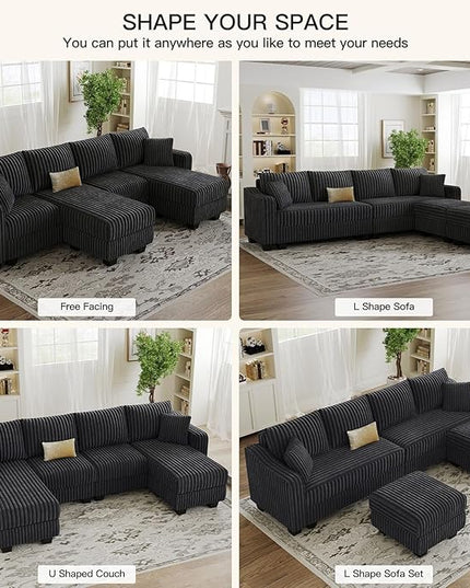 Belffin U Shaped Couch with Reversible Chaises Sectional Couches for Living Room Sectional Couch with Ottomans Corduroy (Dark Grey, U Shaped)