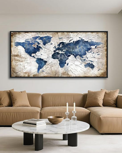 World Map Canvas Wall Art Navy World Maps for Wall Vintage Modern Wall Art for Office Framed Pictures for Living Room Bedroom Wall Decoration for Home Office Decor Artwork for Walls 20x40IN