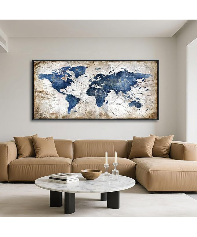 World Map Canvas Wall Art Navy World Maps for Wall Vintage Modern Wall Art for Office Framed Pictures for Living Room Bedroom Wall Decoration for Home Office Decor Artwork for Walls 29x58IN