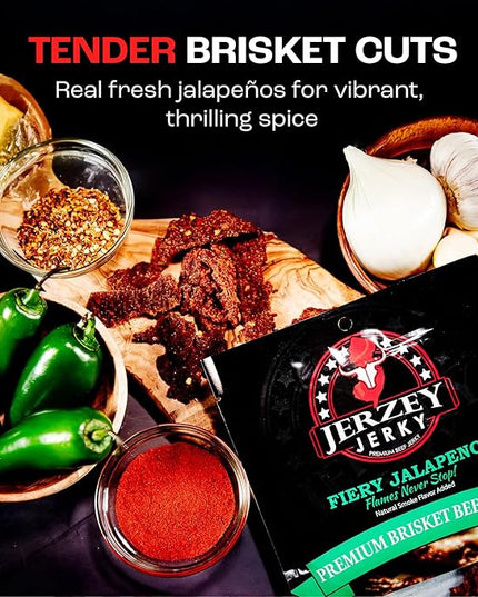 Jerzey Jerky Fiery Jalapeno Brisket Jerky 2.5oz (2 Pack) – High Protein, Gluten Free and Healthy Beef Snacks with Rich, Authentic Flavor