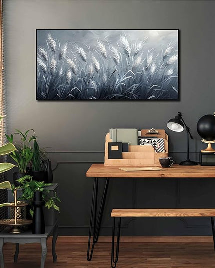 Plant Pictures Wall Art Reed Artwork White Photos Wall Decor 24"x 48" Grey Large Wall Decorations for Girl Room Decor