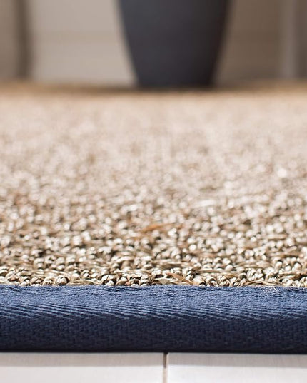 Safavieh Area Rug 6x8 - Natural Fiber Collection - Natural & Blue, Seagrass, Basketweave Pattern with Border (NF114E)