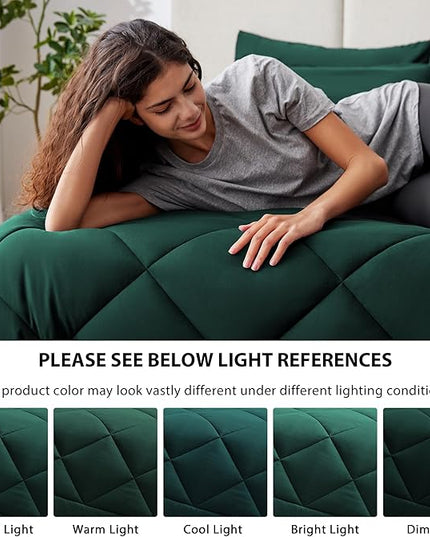 Love's cabin King Size Comforter Set Dark Green, 7 Pieces King Bed in a Bag, All Season Bedding Sets with 1 Comforter, 1 Flat Sheet, 1 Fitted Sheet, 2 Pillowcase and 2 Pillow Sham