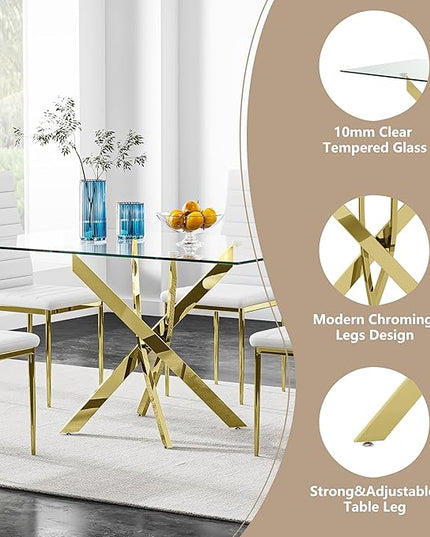 5 Piece Glass Dining Table Table Set, Tempered Glass Dining Table Set for 4 Kitchen Table Set with 4 Upholstered Chairs for Kitchen Dining Room (Gold Leg Table with Gold Leg Chair)