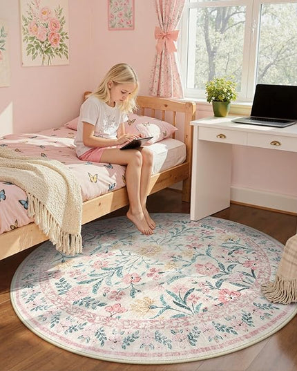 Wonnitar Washable Round Rugs 6ft, Pink Floral Circle Rug Large Round Carpet for Bedroom, Boho Soft Ultra-Thin Circular Carpets for Kids Playroom Living Room Nursery