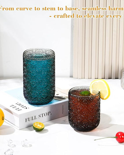 Grey Drinking Glasses Set of 8, 12 Oz Highball & 10 Oz Cocktail Glasses, Gray Kitchen Vintage Glassware Set, Floral Embossed Glass Tumbler Cups for Water, Beer, Juice, Whiskey, Coffee