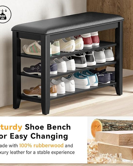 Entryway Shoe Storage Bench with Leather Cushion, Shoe Organizer Bench for Entryway, Ideal for Hallways Front Doors Entrances Mudrooms Featuring Rubberwood And 3 Height-Adjustable & Removable Shelve