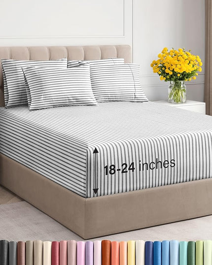 Extra Deep Queen Sheet Set - 6 Piece Breathable and Cooling Sheets - Hotel Luxury Bed Sheets Set - Easy Fit - Soft, Wrinkle Free and Comfy Sheets Set - Grey Striped Sheet Set with Extra Deep Pockets