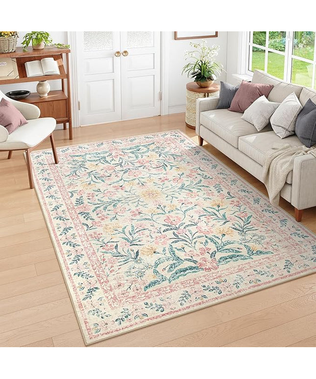 Wonnitar Washable Area Rug 6x9, Pink Floral Rugs for Bedroom Girls Soft Living Room Carpet Ultra-Thin, Boho Non Slip Non-Shedding Pastel Nursery Carpet for Kids Room Playroom Dorm