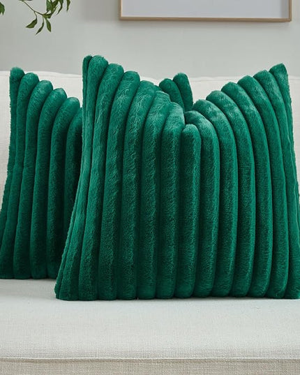FUTEI Christmas Emerald Green Throw Pillow Covers Set of 2, 20x20 Inch Striped Texture Cushion Cases with Soft Faux Rabbit Fur Front & Velvet Back, Modern Decorative Couch Pillows for Living Room